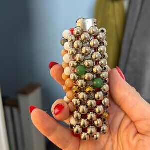 Handmade Beaded Cigarette Lighter Case, Candle or Cigar Lighter, Silver Retro De